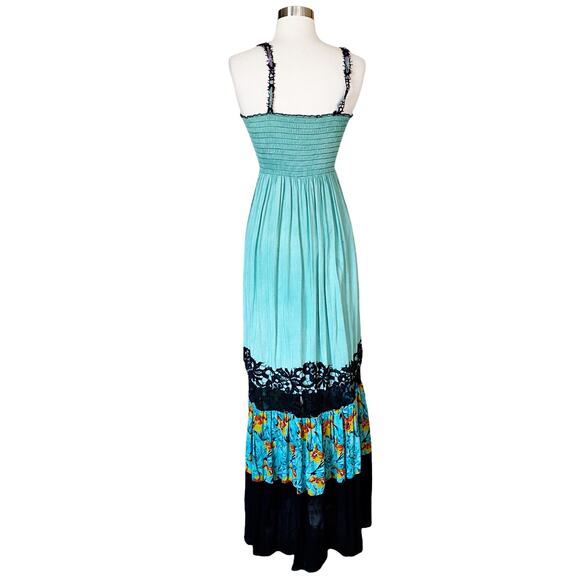 Resort Dress by T. ZOVICH Maxi Dress Mixed Media Green Floral V-Neck Spaguetti L - Picture 4 of 11